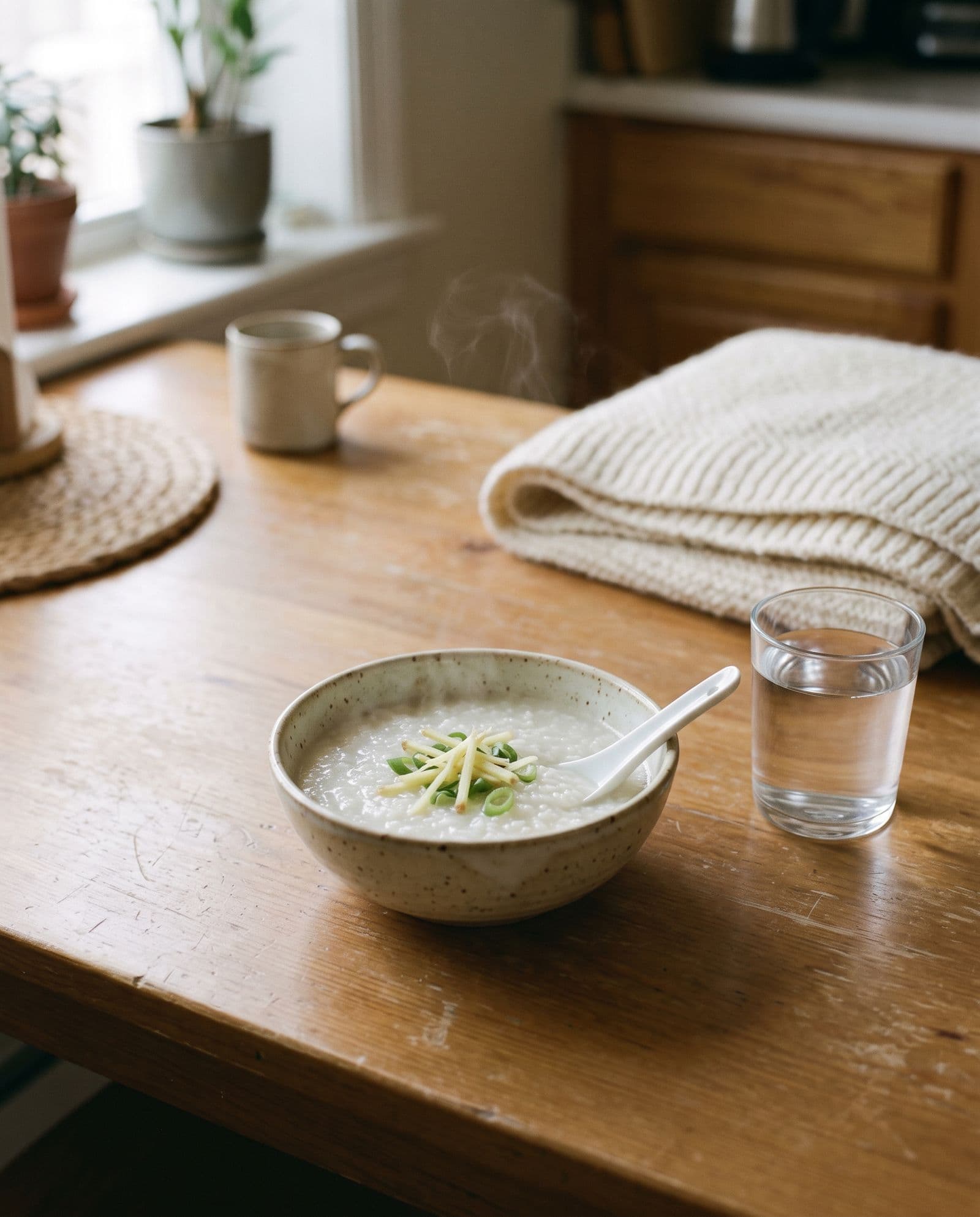 A bowl of rice porridge and a glass of water on a kitchen table
